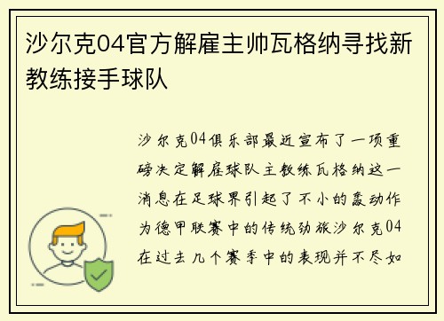 沙尔克04官方解雇主帅瓦格纳寻找新教练接手球队